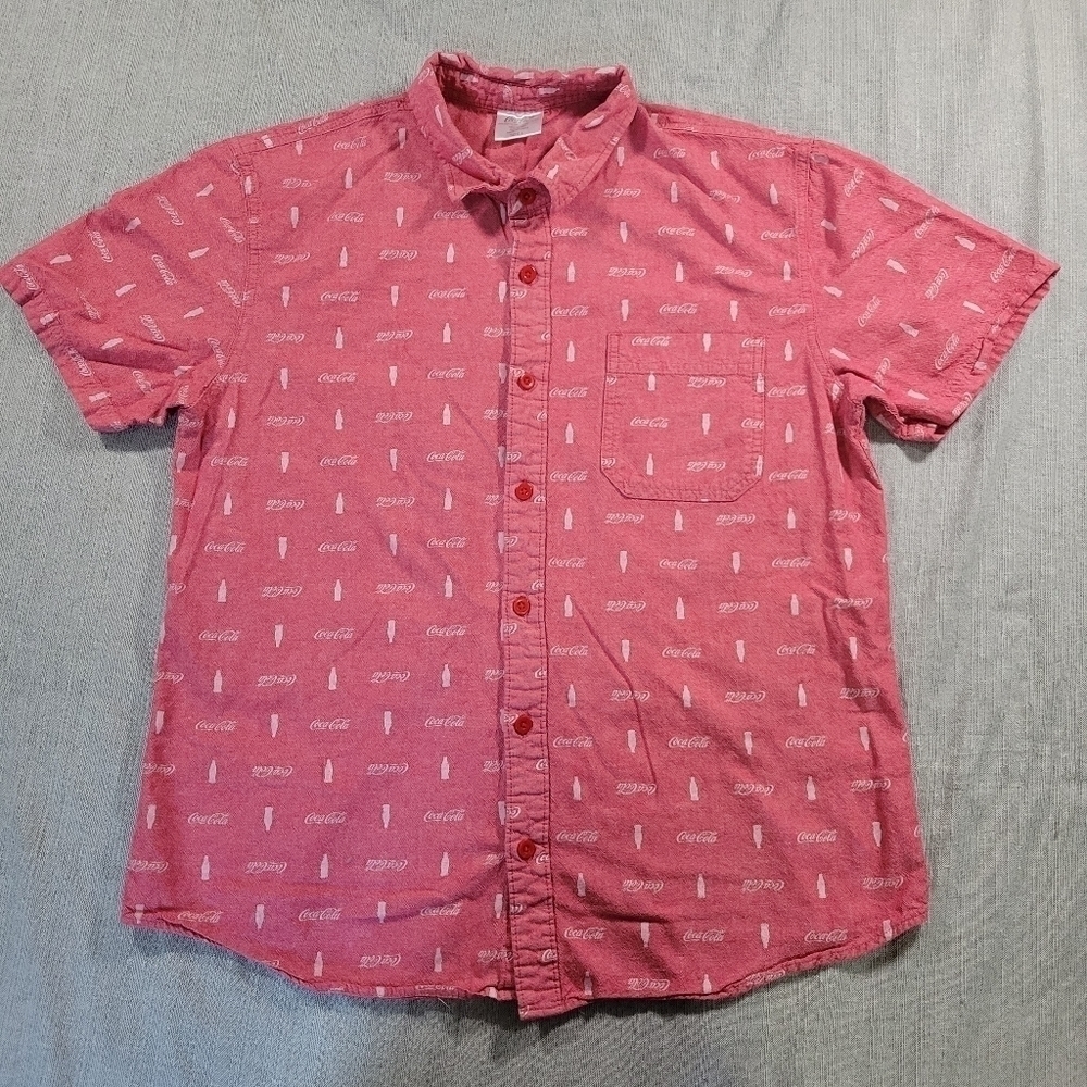 Coca Cola Mens Shirt LG Red White Logo Bottle Print EUC Retro Branded Cotton Dad